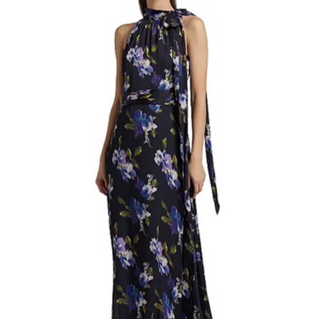 Sachin & Babi Midnight Corsage Kayla Floral Crinkle Georgette Gown
